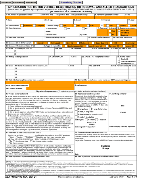 AE Form 190-1AA Application for Motor Vehicle Registration or Renewal and Allied Transactions