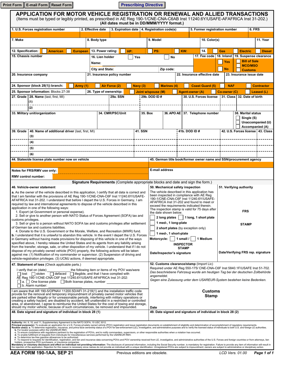 AE Form 190-1AA Application for Motor Vehicle Registration or Renewal and Allied Transactions, Page 1
