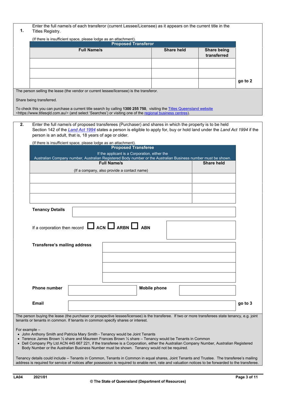 Form LA04 Part B Approval to Transfer Application - Queensland, Australia, Page 3