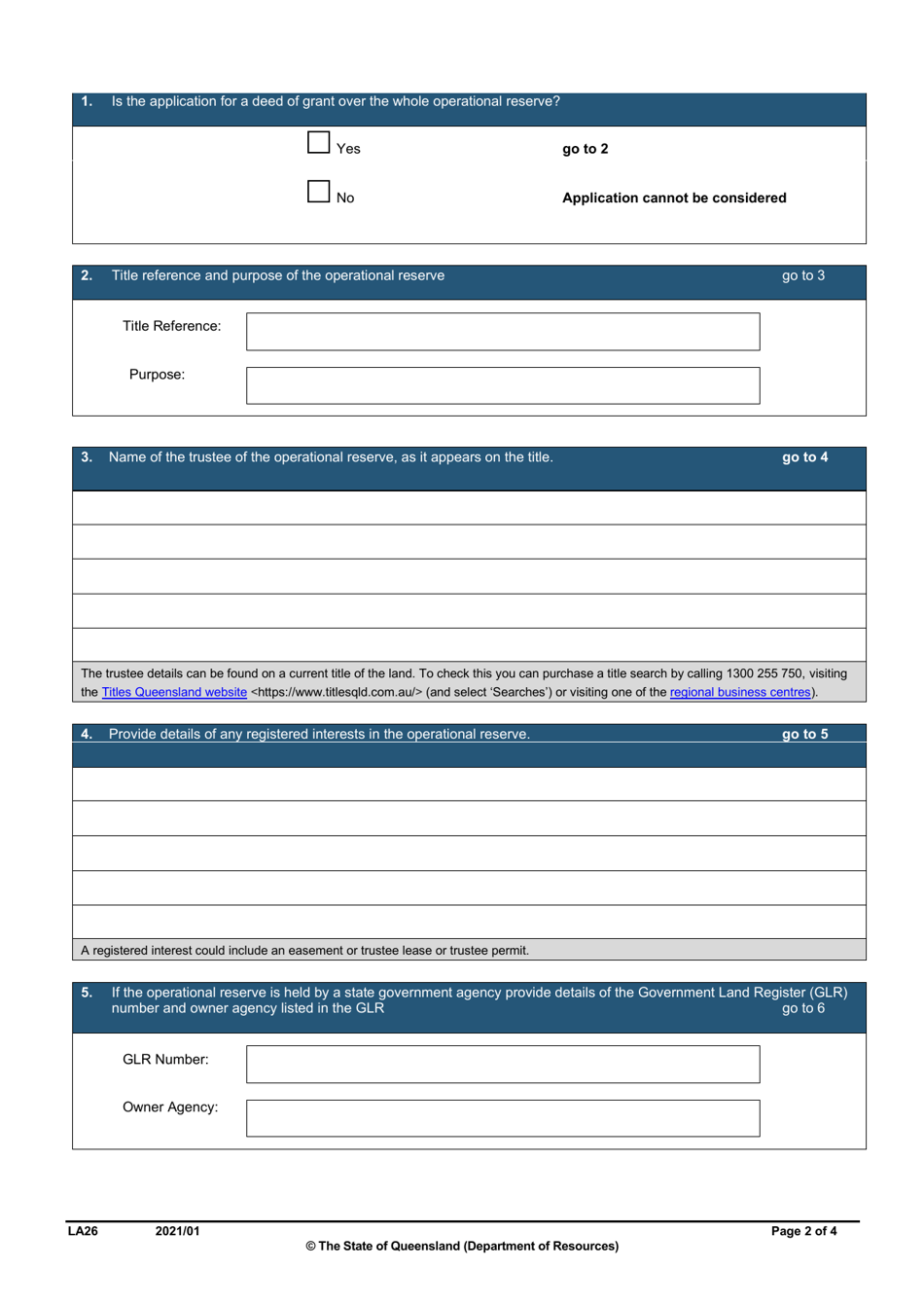 Form LA26 Part B Deed of Grant Over Operational Reserve Application - Queensland, Australia, Page 2