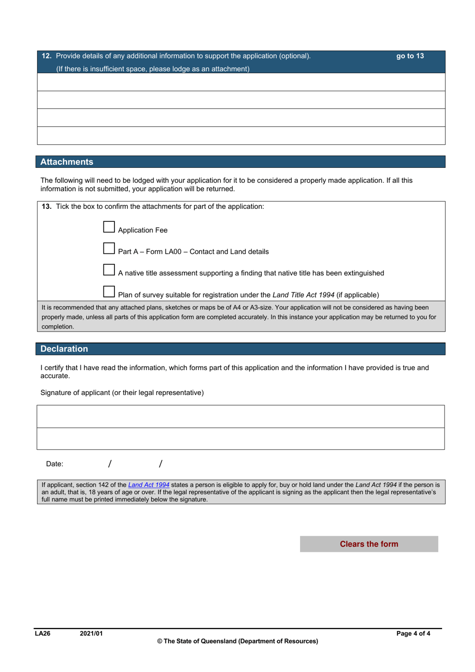 Form LA26 Part B Deed of Grant Over Operational Reserve Application - Queensland, Australia, Page 4