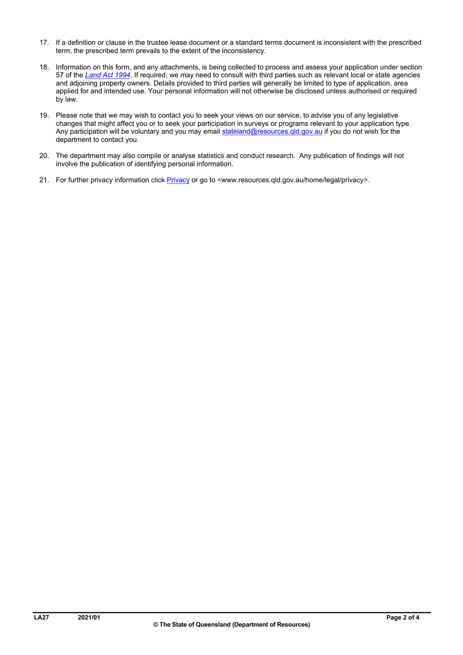 Form LA27 Part B Trustee Lease Application - Queensland, Australia, Page 2
