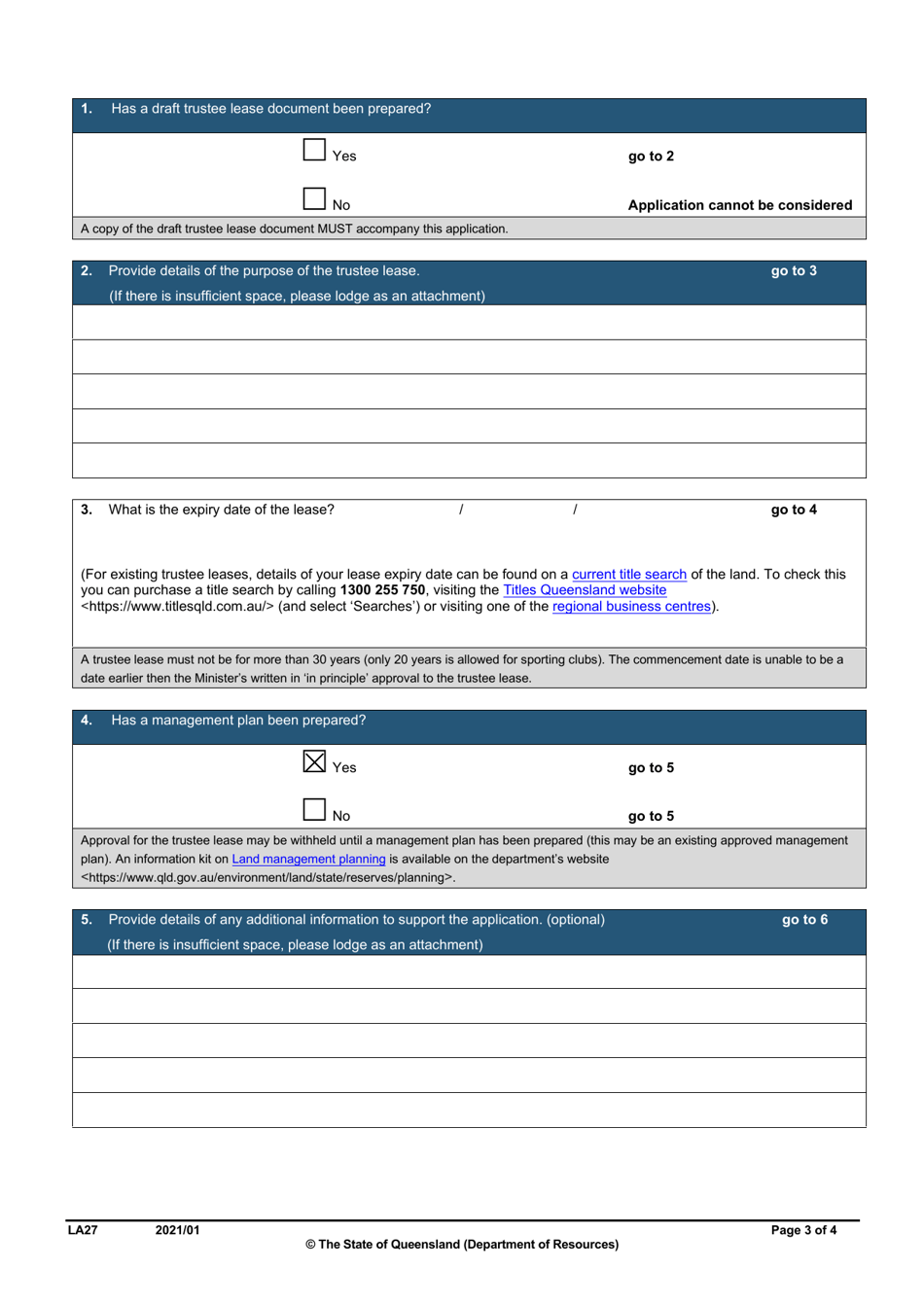 Form LA27 Part B Trustee Lease Application - Queensland, Australia, Page 3