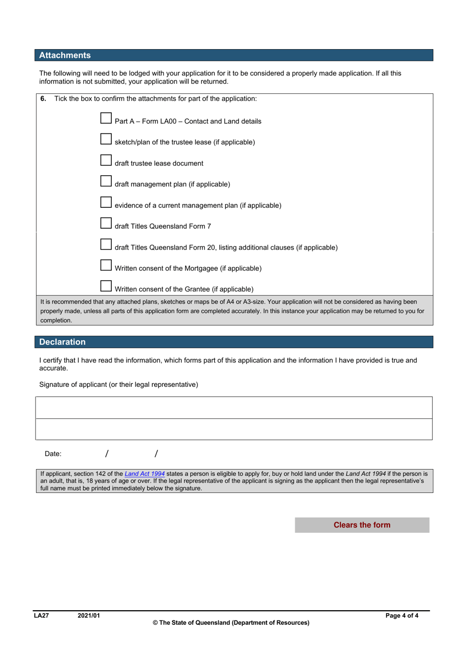 Form LA27 Part B Trustee Lease Application - Queensland, Australia, Page 4