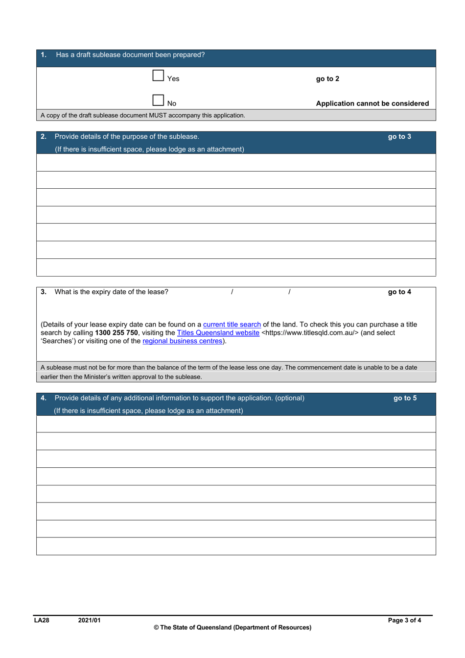 Form LA28 Part B Approval of a Sublease Application - Queensland, Australia, Page 3