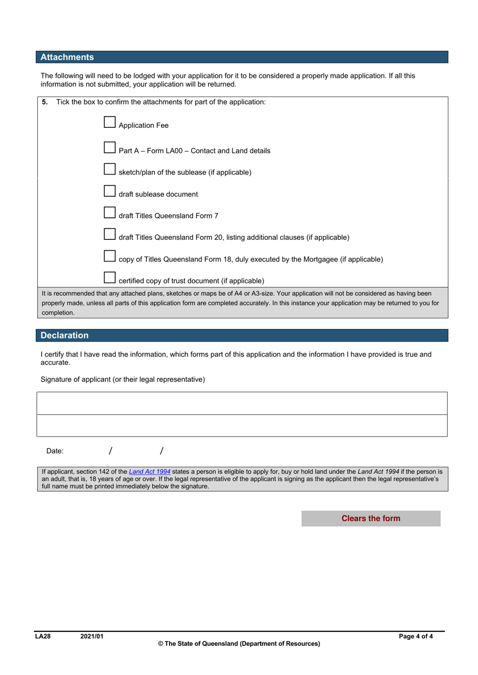 Form LA28 Part B Approval of a Sublease Application - Queensland, Australia, Page 4