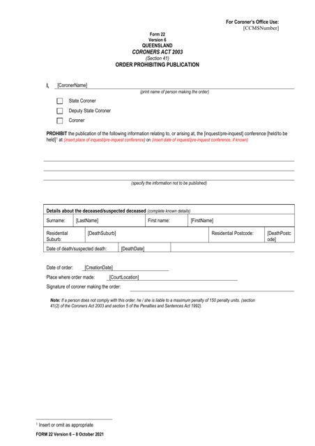 Form 22 Order Prohibiting Publication - Queensland, Australia