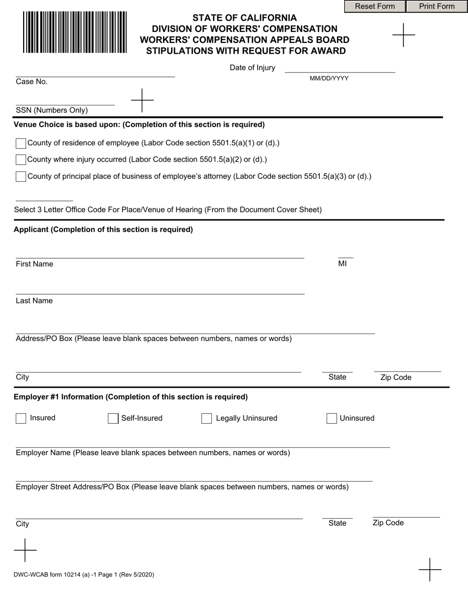 DWC WCAB Form 10214 (A) Stipulations With Request for Award - California, Page 1