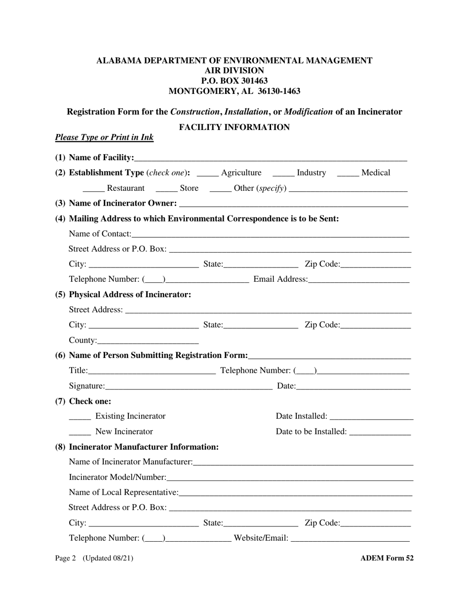 ADEM Form 52 Registration Form for the Construction, Installation, or Modification of an Incinerator - Alabama, Page 2