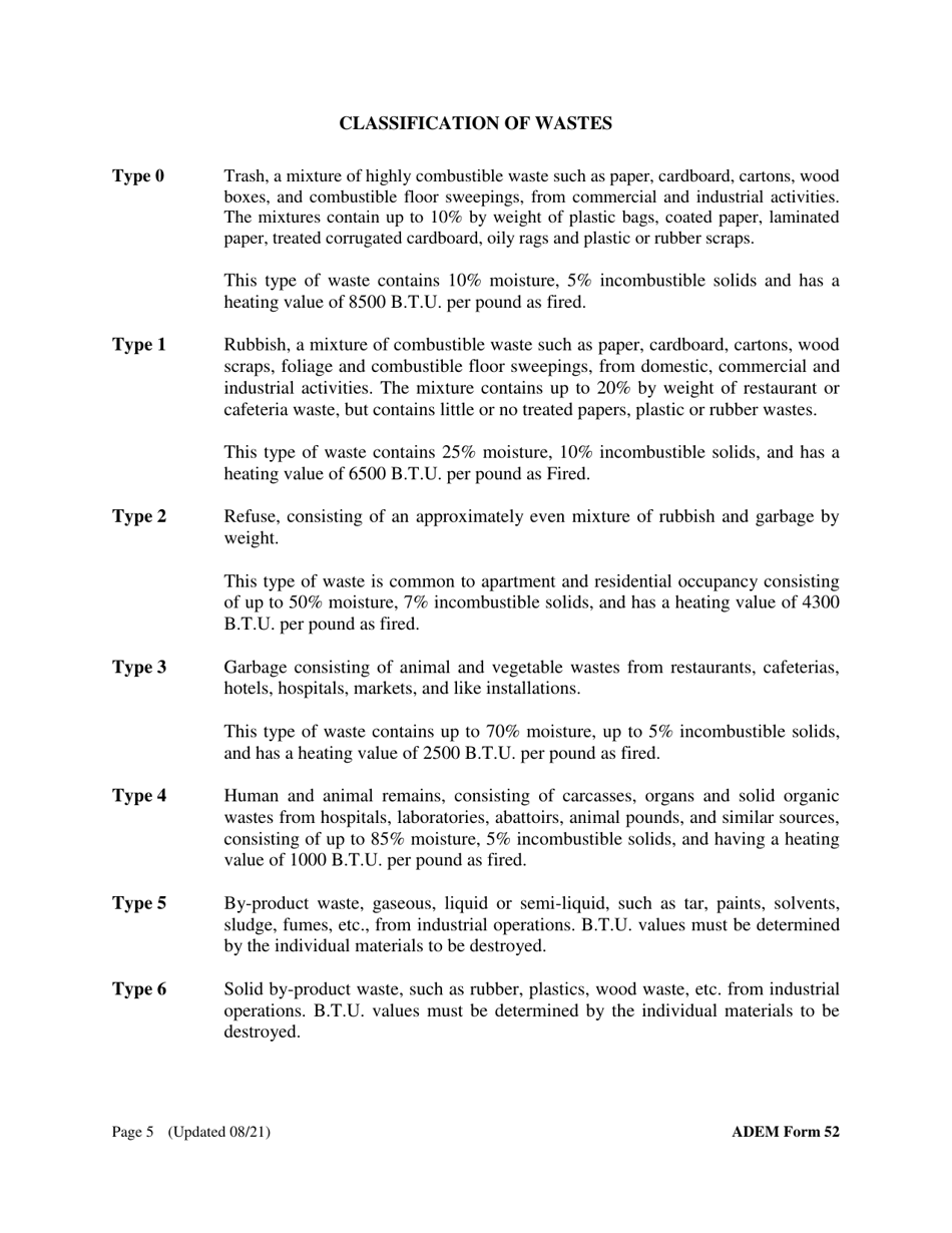ADEM Form 52 Registration Form for the Construction, Installation, or Modification of an Incinerator - Alabama, Page 5