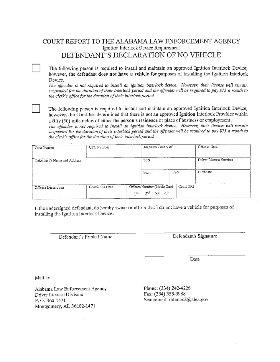 Defendants Declaration of No Vehicle - Alabama, Page 1