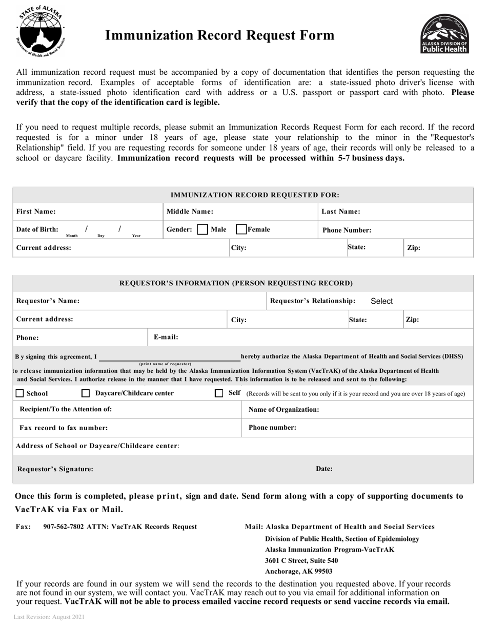 Alaska Immunization Record Request Form Fill Out Sign Online And Download Pdf Templateroller 