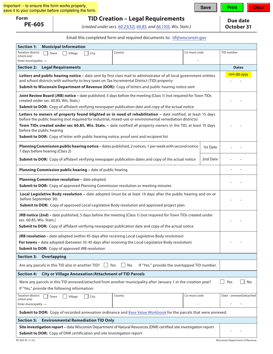 Form PE-605 Tid Creation - Legal Requirements - Wisconsin, Page 1