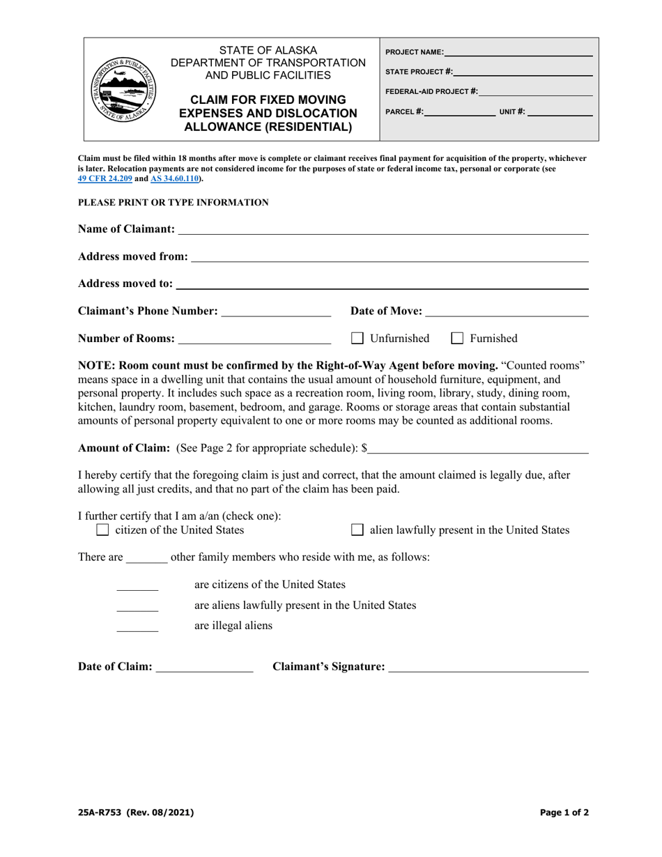 Form 25A-R753 Claim for Fixed Moving Expenses and Dislocation Allowance (Residential) - Alaska, Page 1