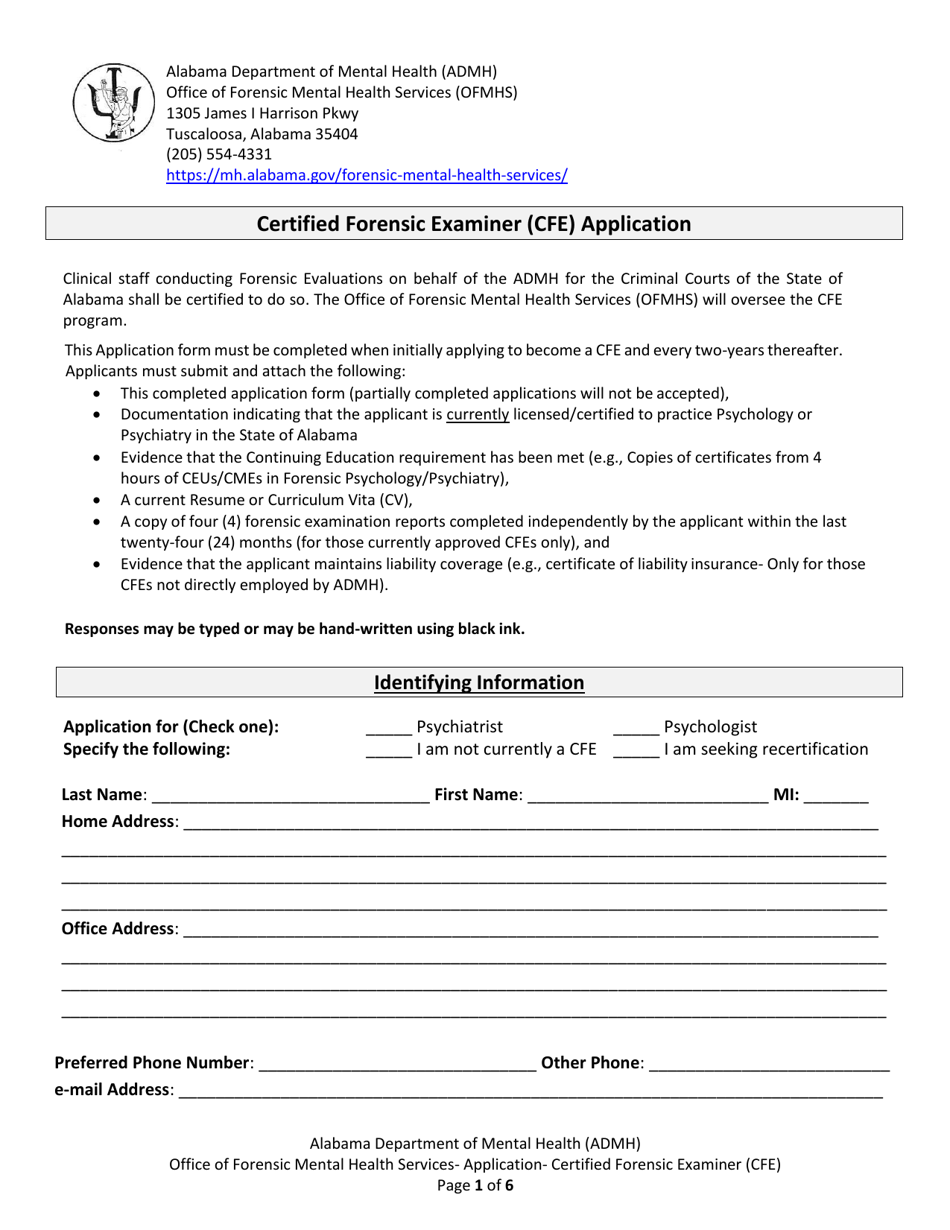 Certified Forensic Examiner (Cfe) Application - Alabama, Page 1