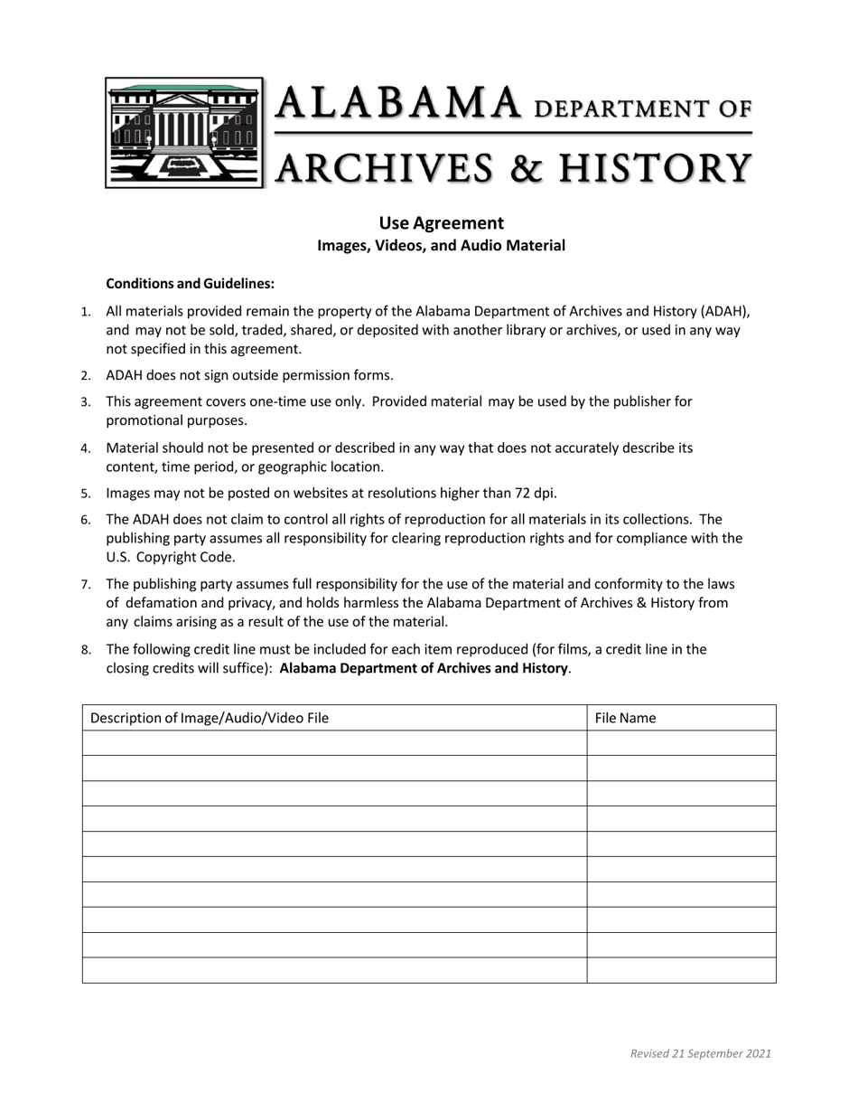 Alabama Use Agreement - Images, Videos, and Audio Material Download ...