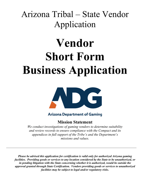 Arizona Tribal - State Vendor Application - Short Form - Arizona Download Pdf