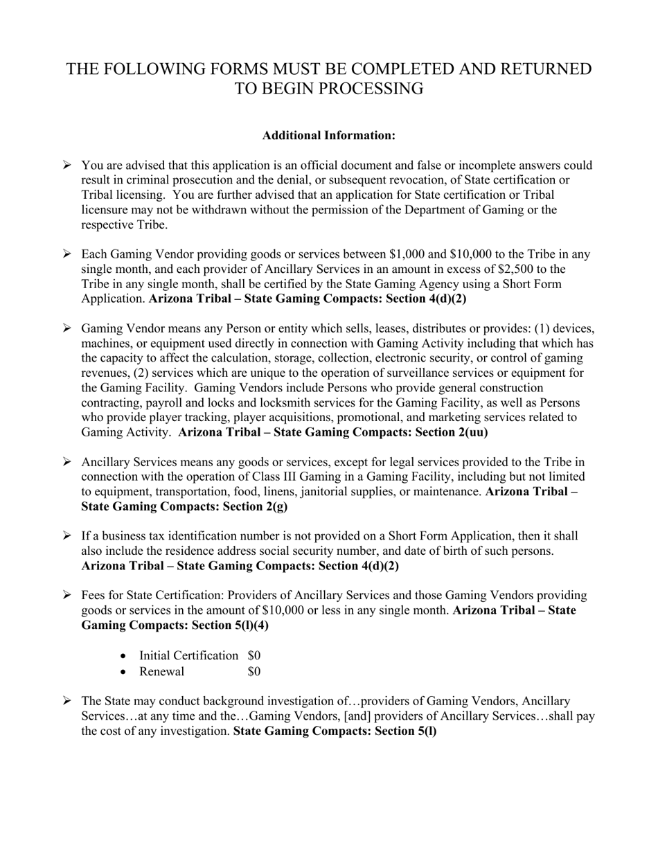 Arizona Tribal - State Vendor Application - Short Form - Arizona, Page 2
