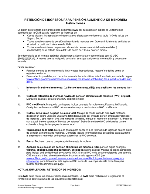 Instrucciones para Retencion De Ingresos Para Pension Alimenticia De Menores - Arizona (Spanish)