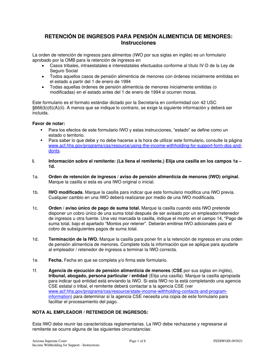 Instrucciones para Retencion De Ingresos Para Pension Alimenticia De Menores - Arizona (Spanish), Page 1