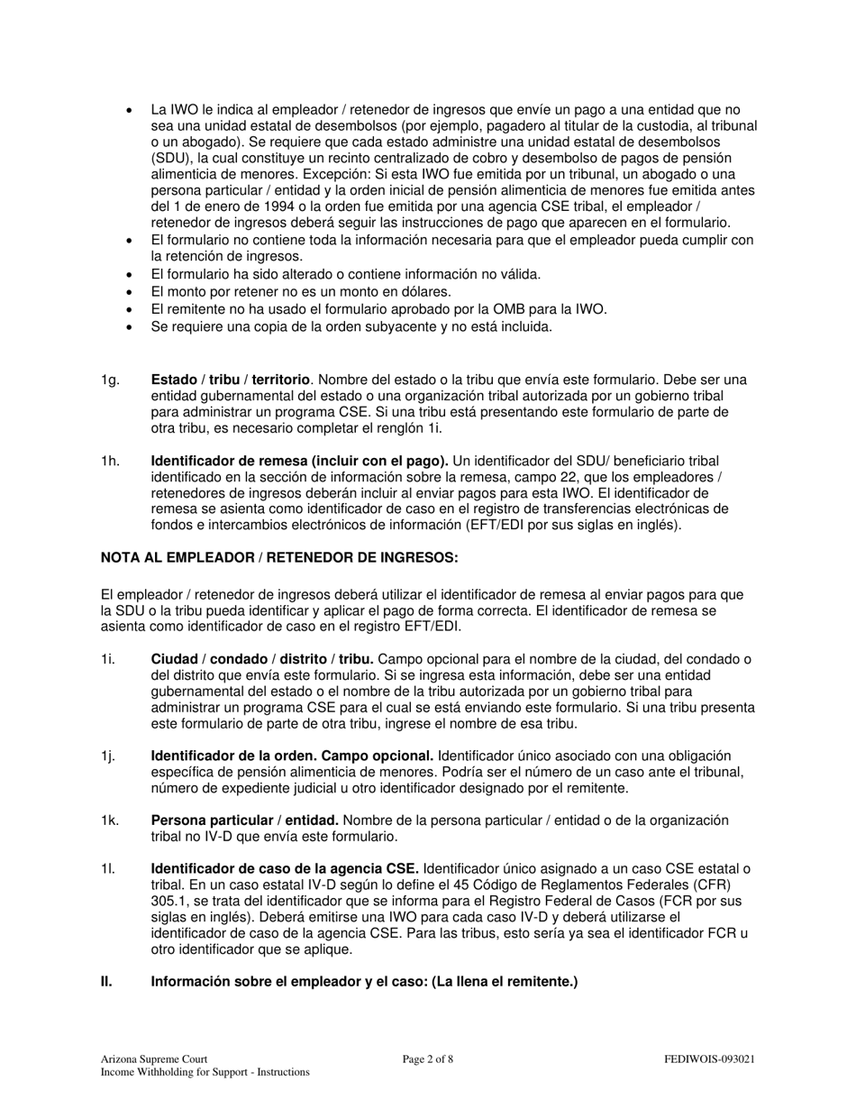 Instrucciones para Retencion De Ingresos Para Pension Alimenticia De Menores - Arizona (Spanish), Page 2