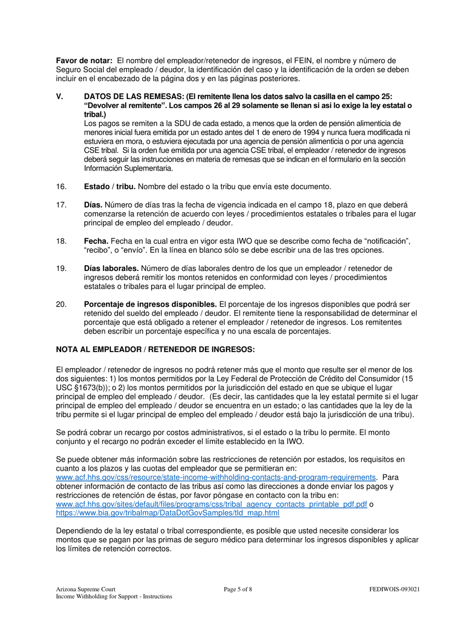Instrucciones para Retencion De Ingresos Para Pension Alimenticia De Menores - Arizona (Spanish), Page 5