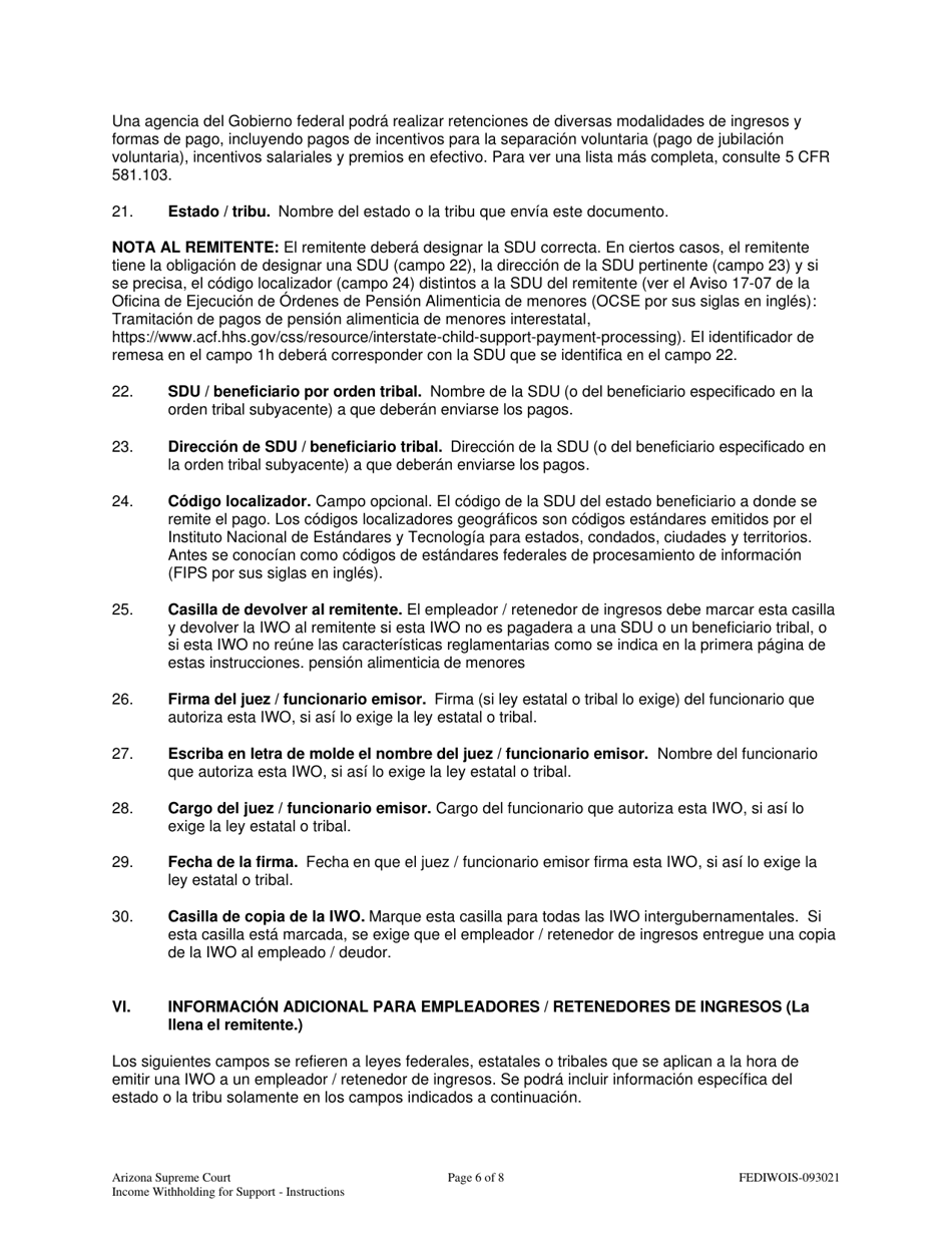 Instrucciones para Retencion De Ingresos Para Pension Alimenticia De Menores - Arizona (Spanish), Page 6