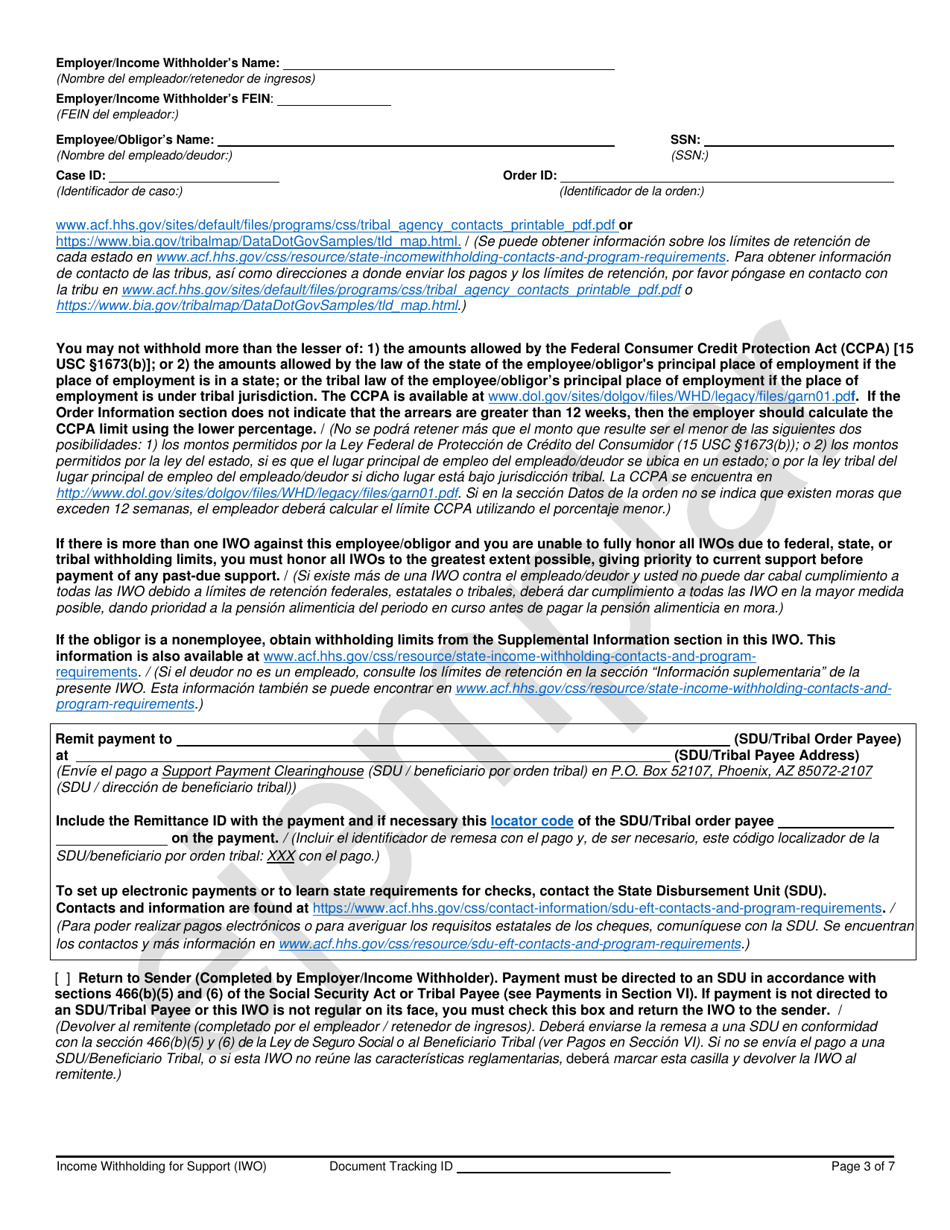 Income Withholding for Support - Sample - Arizona (English / Spanish), Page 3