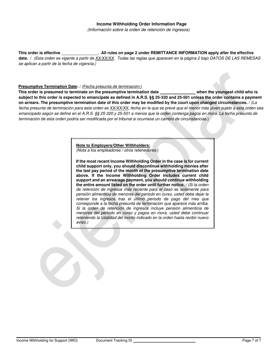 Income Withholding for Support - Sample - Arizona (English / Spanish), Page 7