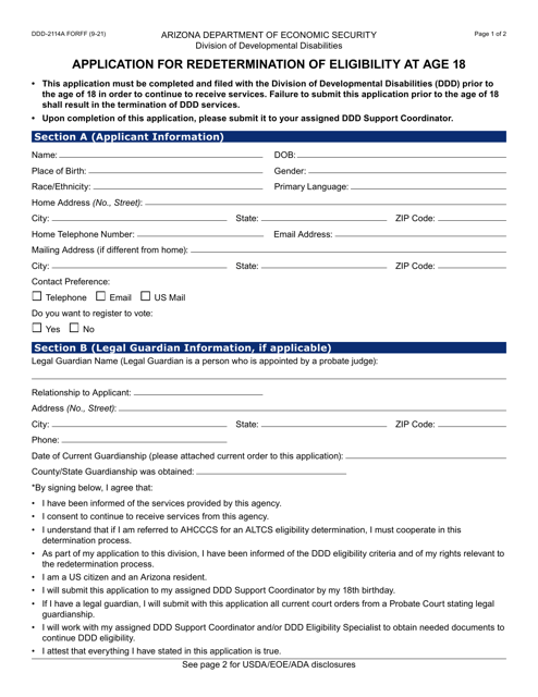 Form DDD-2114A Application for Redetermination of Eligibility at Age 18 - Arizona