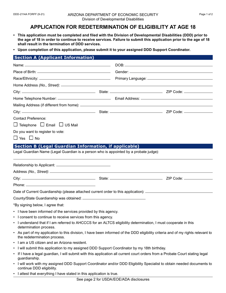 Form DDD-2114A Application for Redetermination of Eligibility at Age 18 - Arizona, Page 1