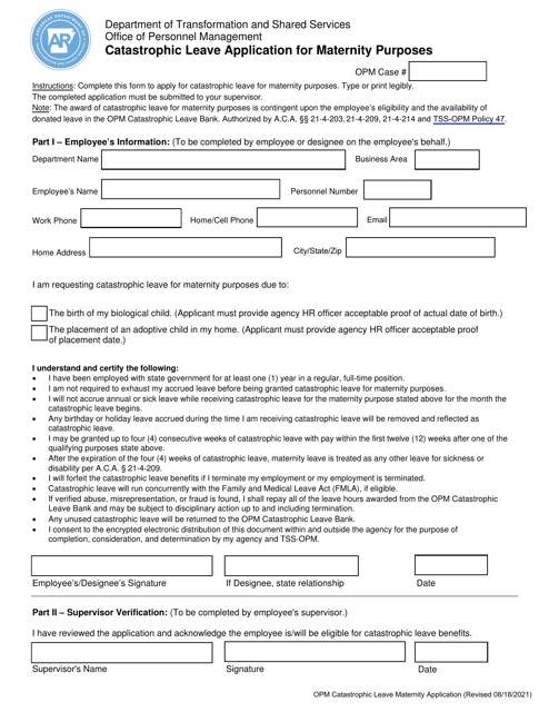 Catastrophic Leave Application for Maternity Purposes - Arkansas Download Pdf