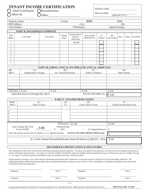 ADFA Form 500  Printable Pdf