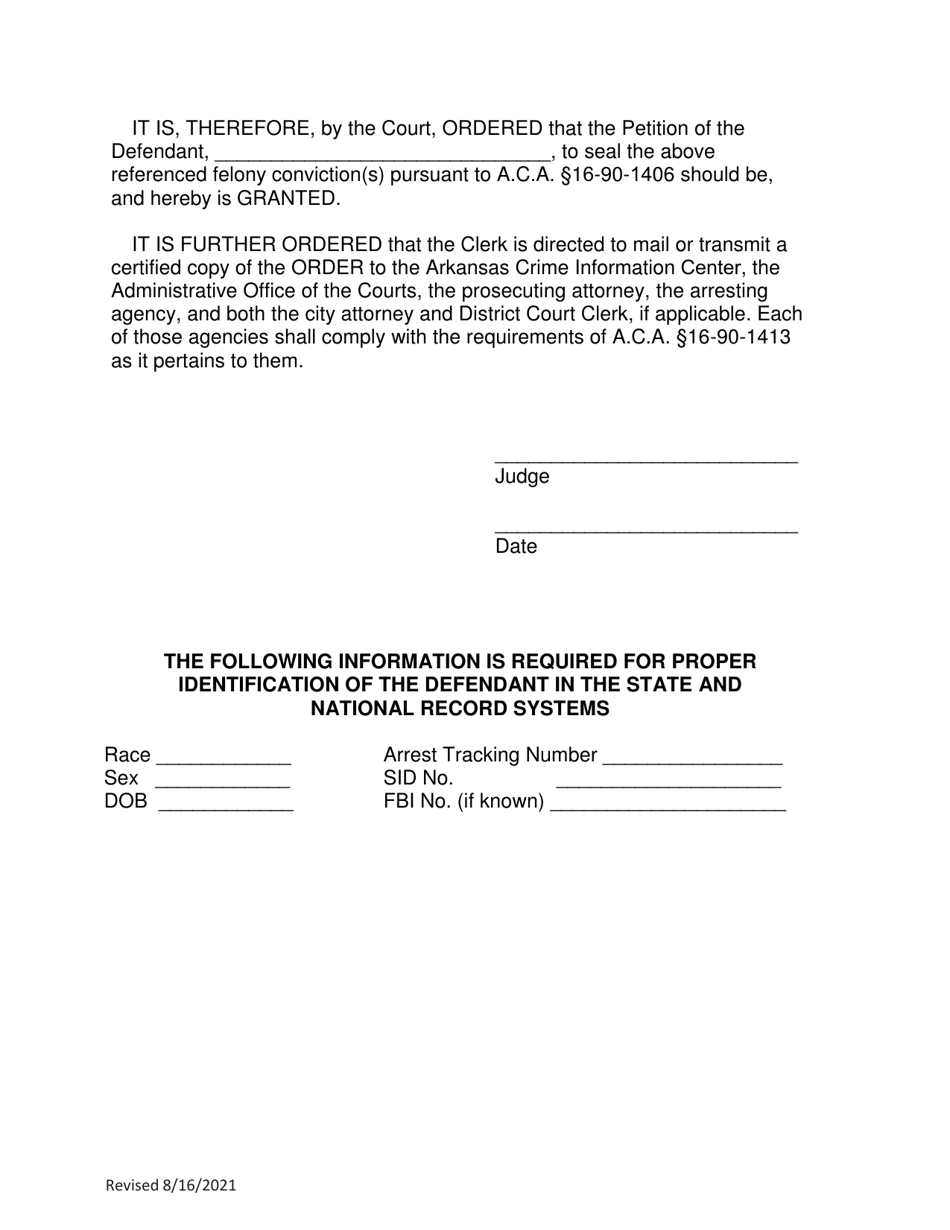 Arkansas Order to Seal Felony Under Act 1460 of 2013 Fill Out, Sign