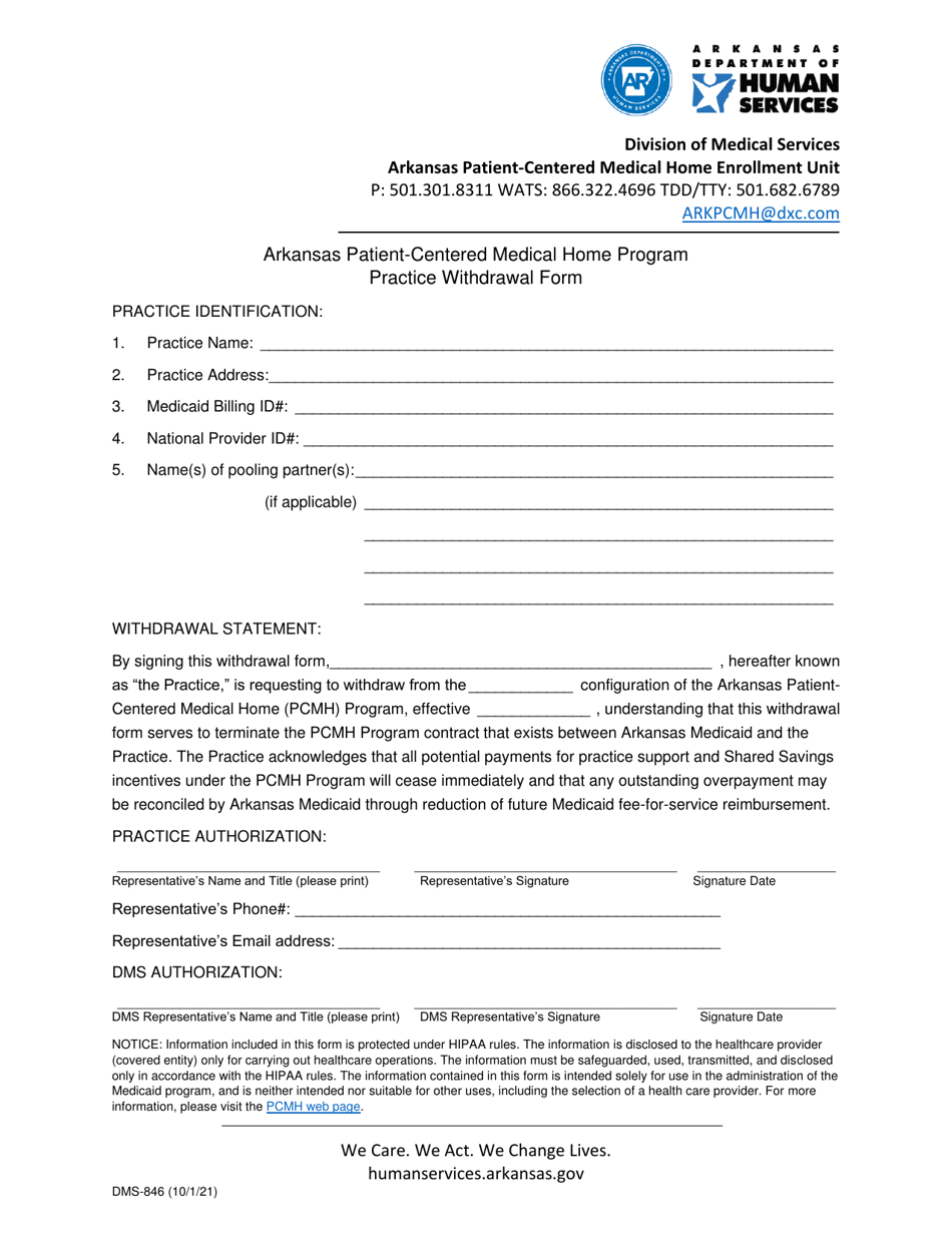 Form DMS-846 Practice Withdrawal Form - Arkansas Patient-Centered Medical Home Program - Arkansas, Page 1