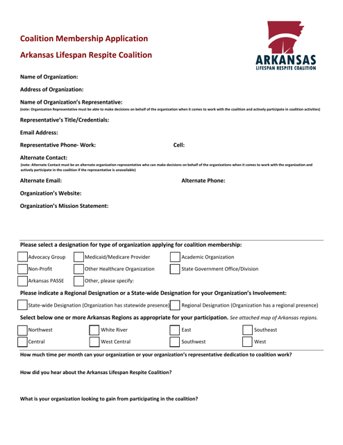 Arkansas Lifespan Respite Coalition Membership Application - Arkansas Download Pdf