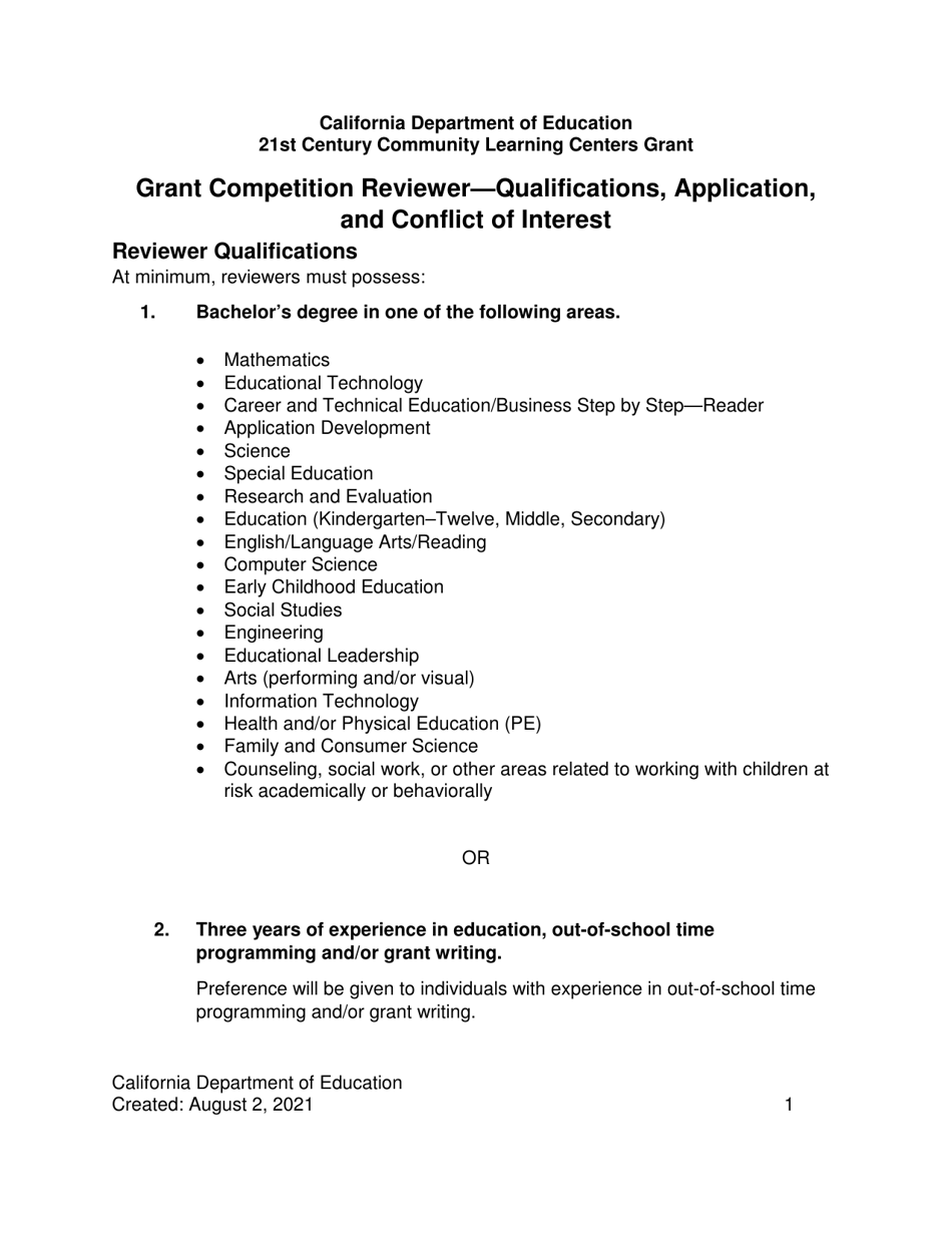 21st Century Community Learning Centers Grant Application - California, Page 1