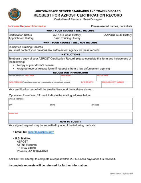 AZPOST Form CR Request for Azpost Certification Record - Arizona