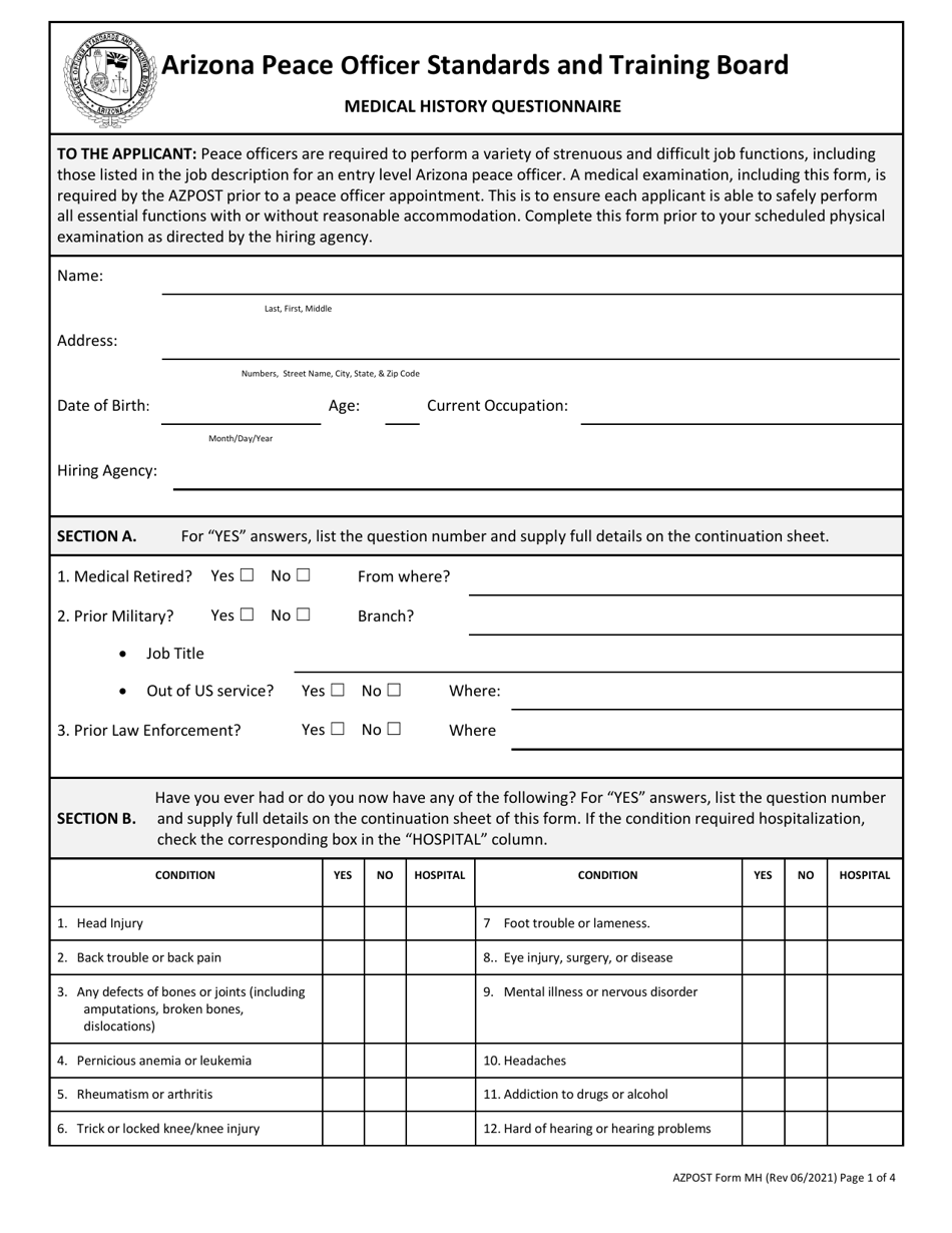 AZPOST Form MH Download Fillable PDF or Fill Online Medical History ...
