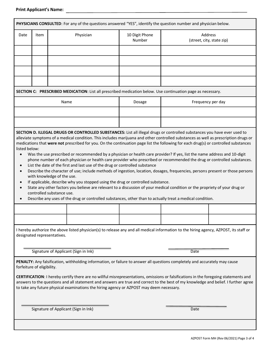 Azpost Form Mh Download Fillable Pdf Or Fill Online Medical History Questionnaire Arizona 2011 6994