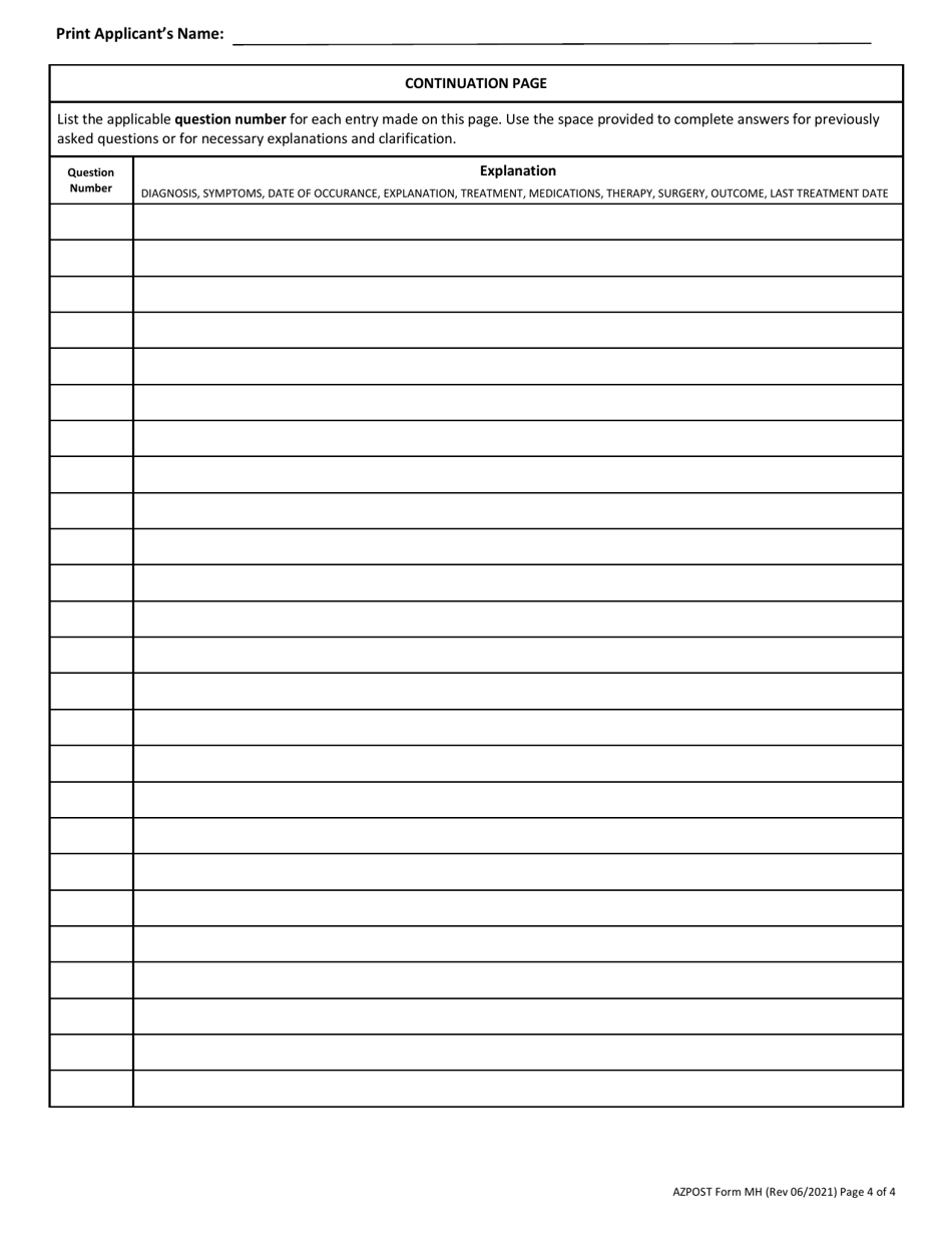 AZPOST Form MH Medical History Questionnaire - Arizona, Page 4