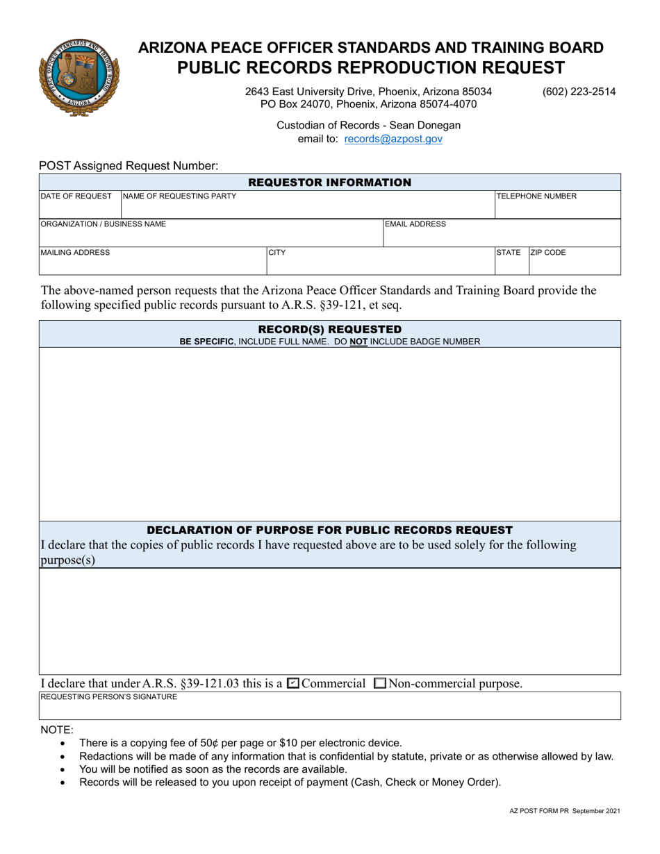 AZPOST Form PR Public Records Reproduction Request - Arizona, Page 1