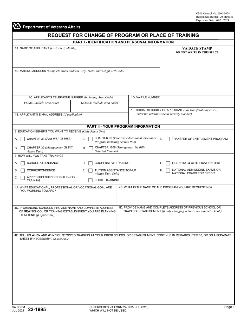 VA Form 22-1995 Request for Change of Program or Place of Training, Page 1