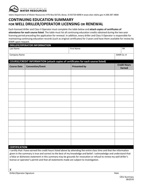 Continuing Education Summary for Well Driller / Operator Licensing or Renewal - Idaho Download Pdf