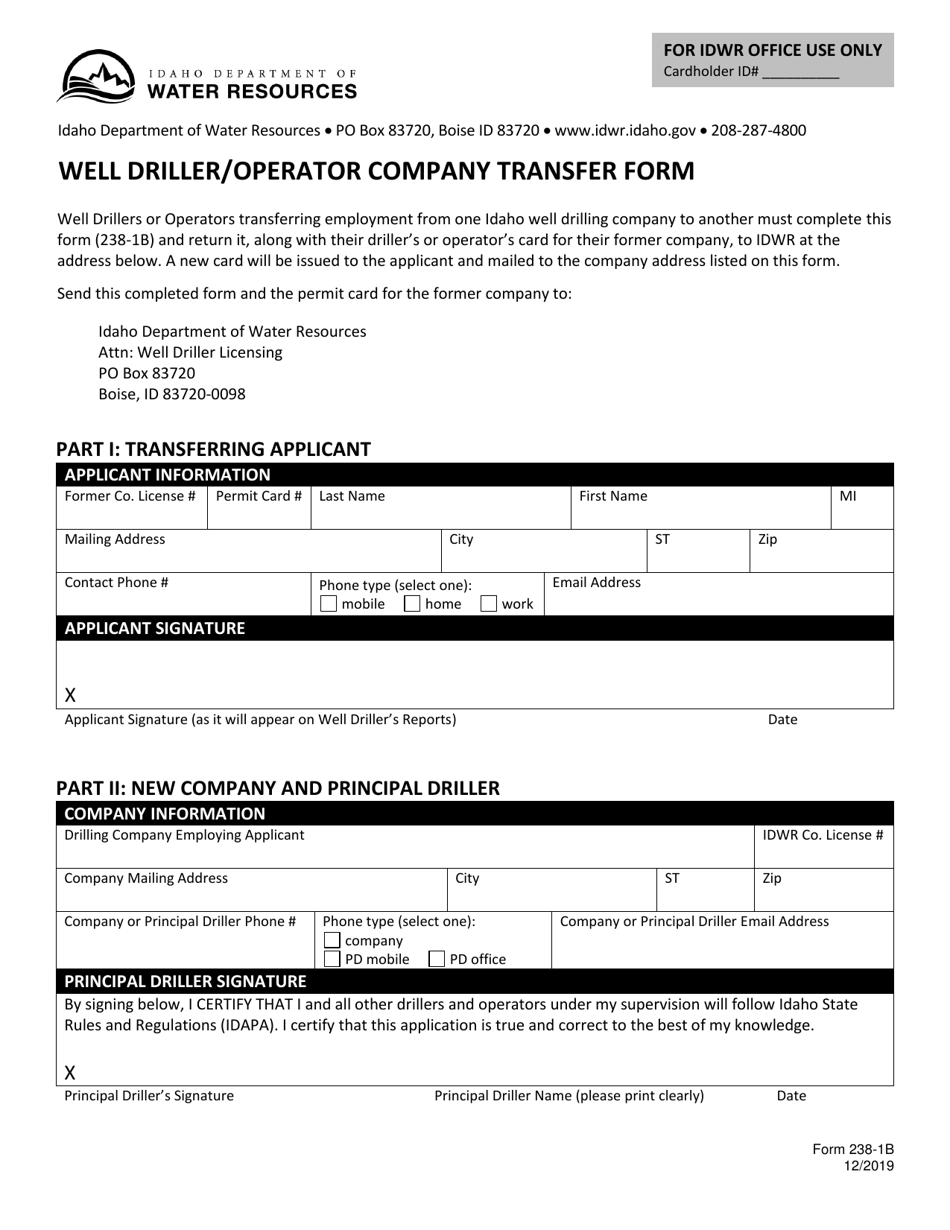 Form 238-1B Well Driller / Operator Company Transfer Form - Idaho, Page 1