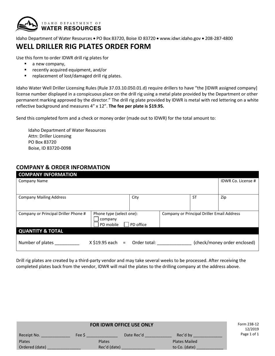 Form 238-12 Well Driller Rig Plates Order Form - Idaho, Page 1