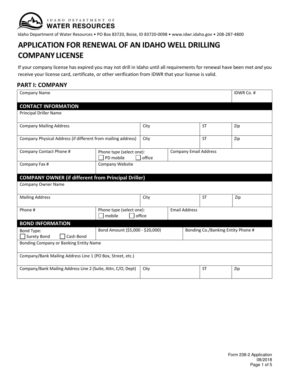 Form 238-2 Application for Renewal of an Idaho Well Drilling Company License - Idaho, Page 2