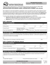 Form 238-13 Application for Idaho Class I Operator's Permit (Well Drilling) - Idaho