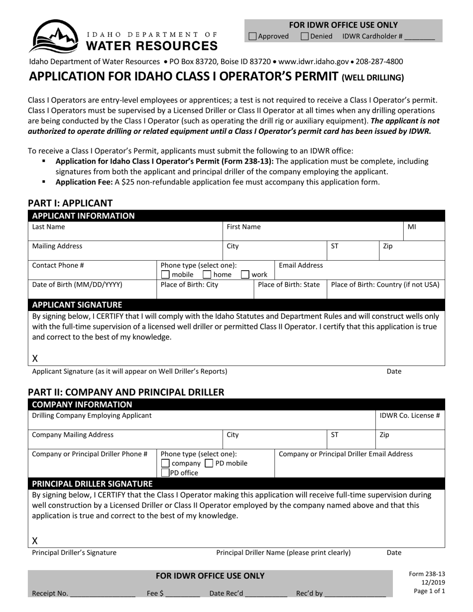 Form 238-13 Application for Idaho Class I Operators Permit (Well Drilling) - Idaho, Page 1