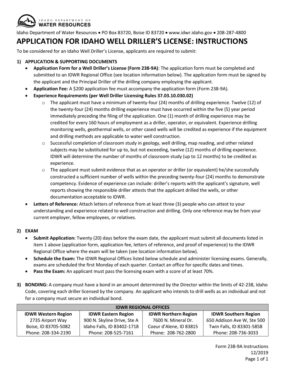 Form 238-9A Download Fillable PDF or Fill Online Application for Idaho Well  Driller's License Idaho | Templateroller